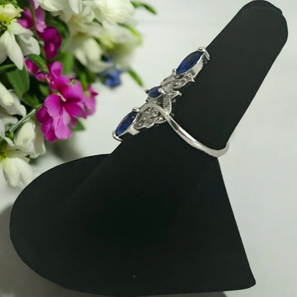 Sapphire CZ & Silver Tone Oblong Ring - Picture 6 of 7